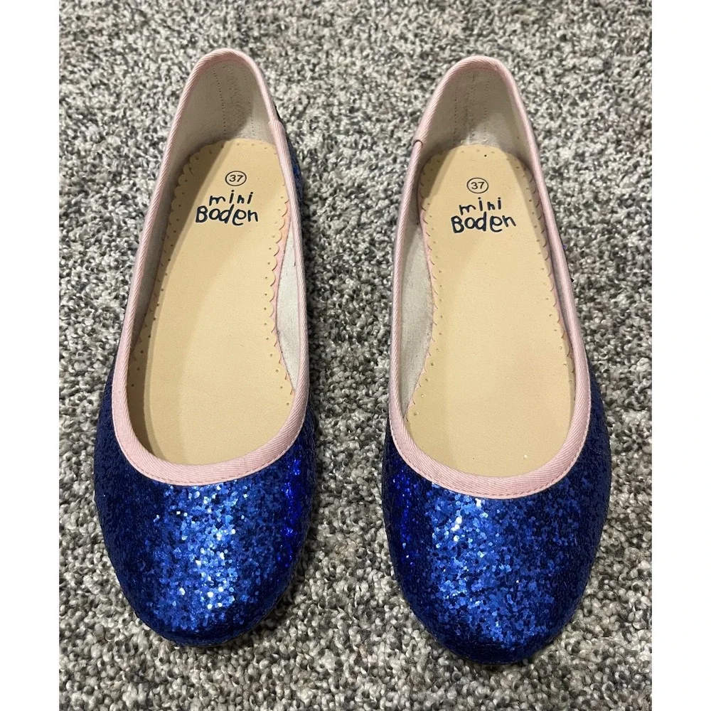 Mini Boden Shoes Girls Size 6.5 Blue Glitter Ballet Flats Pink‎ Trim Party